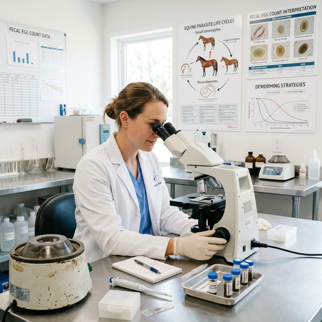 A veterinarian examining a sample with a microscope - fecal egg count testing for horses