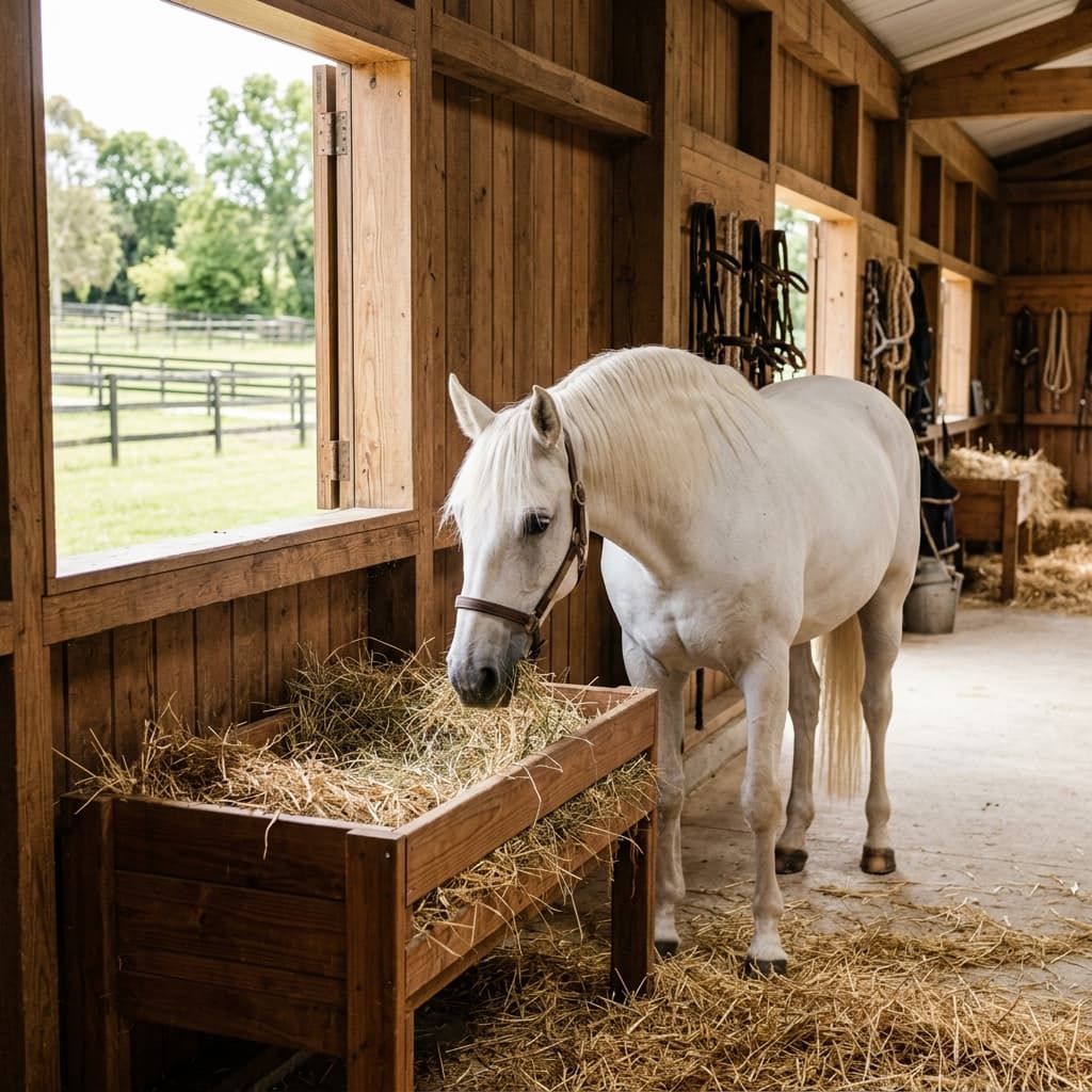 A white horse eating hay in a clean stable - fenbendazole horse dewormer guide