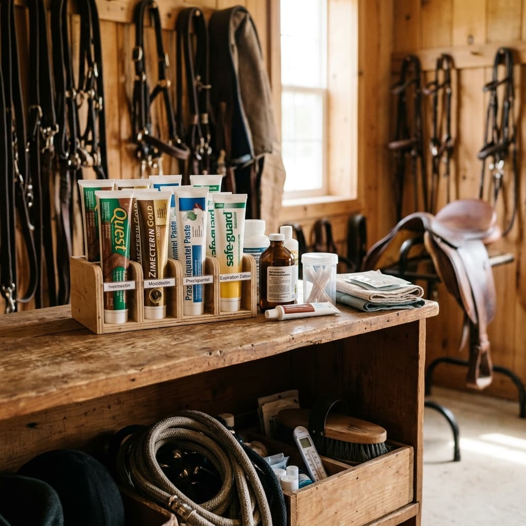Neatly organized equine health supplies on a tack room shelf - horse dewormer expiration dates